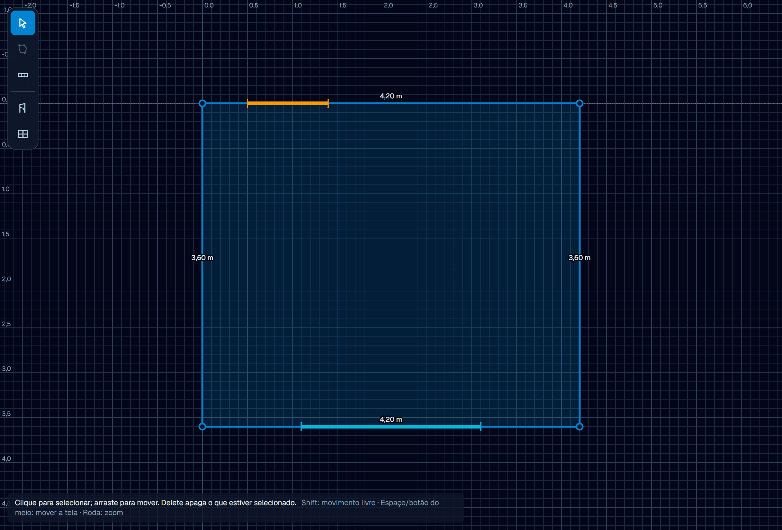 Editor 2D com a planta de uma sala de 4,20 por 3,60 metros na grade, com uma porta e uma janela marcadas nas paredes e o comprimento de cada parede escrito ao lado.