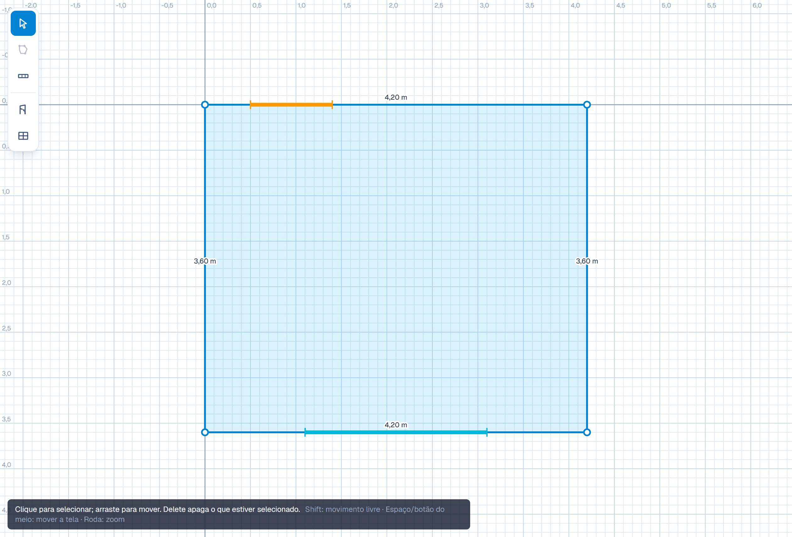 Editor 2D com a planta de uma sala de 4,20 por 3,60 metros na grade, com uma porta e uma janela marcadas nas paredes e o comprimento de cada parede escrito ao lado.