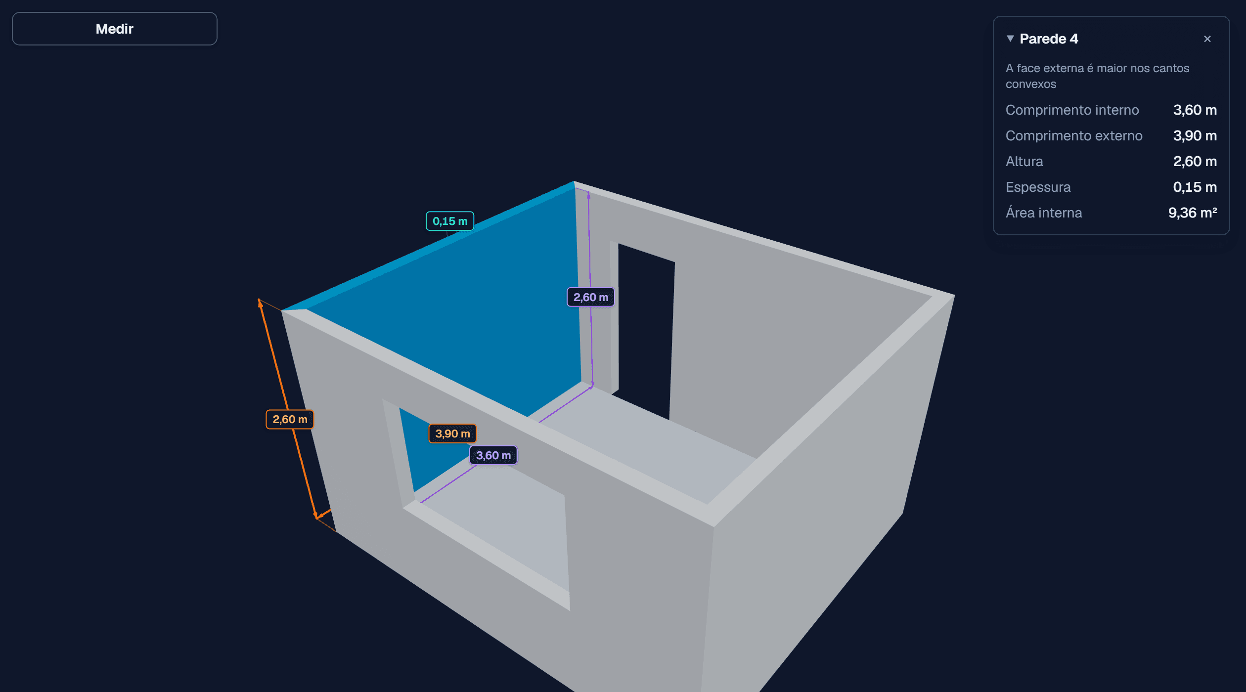 Modelo 3D de uma sala com uma parede selecionada. O painel mostra comprimento interno de 3,60 m, externo de 3,90 m, altura de 2,60 m, espessura de 0,15 m e área interna de 9,36 m².